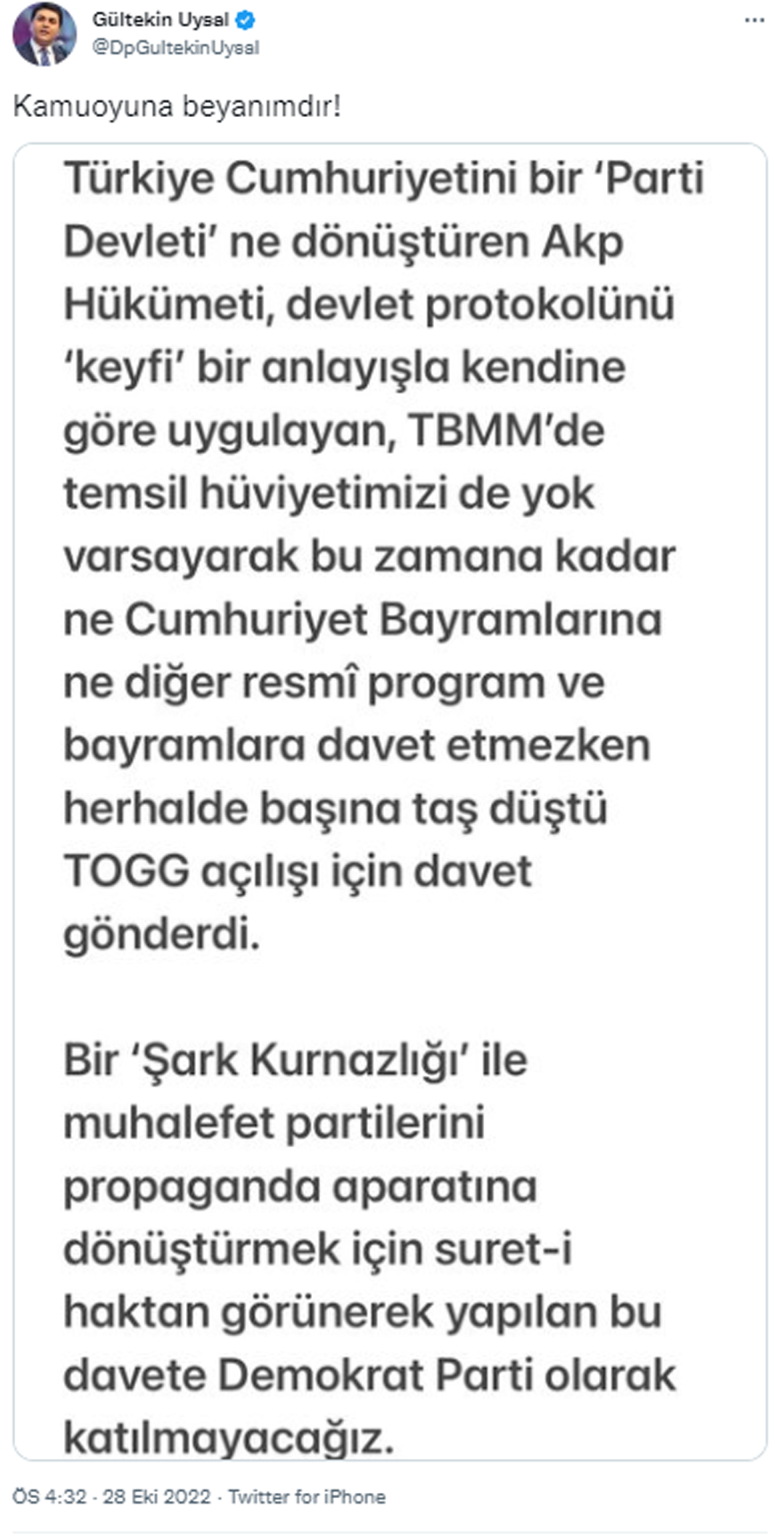 DP Lideri Uysal'dan sert çıkış: "DP olarak katılmayacağız"